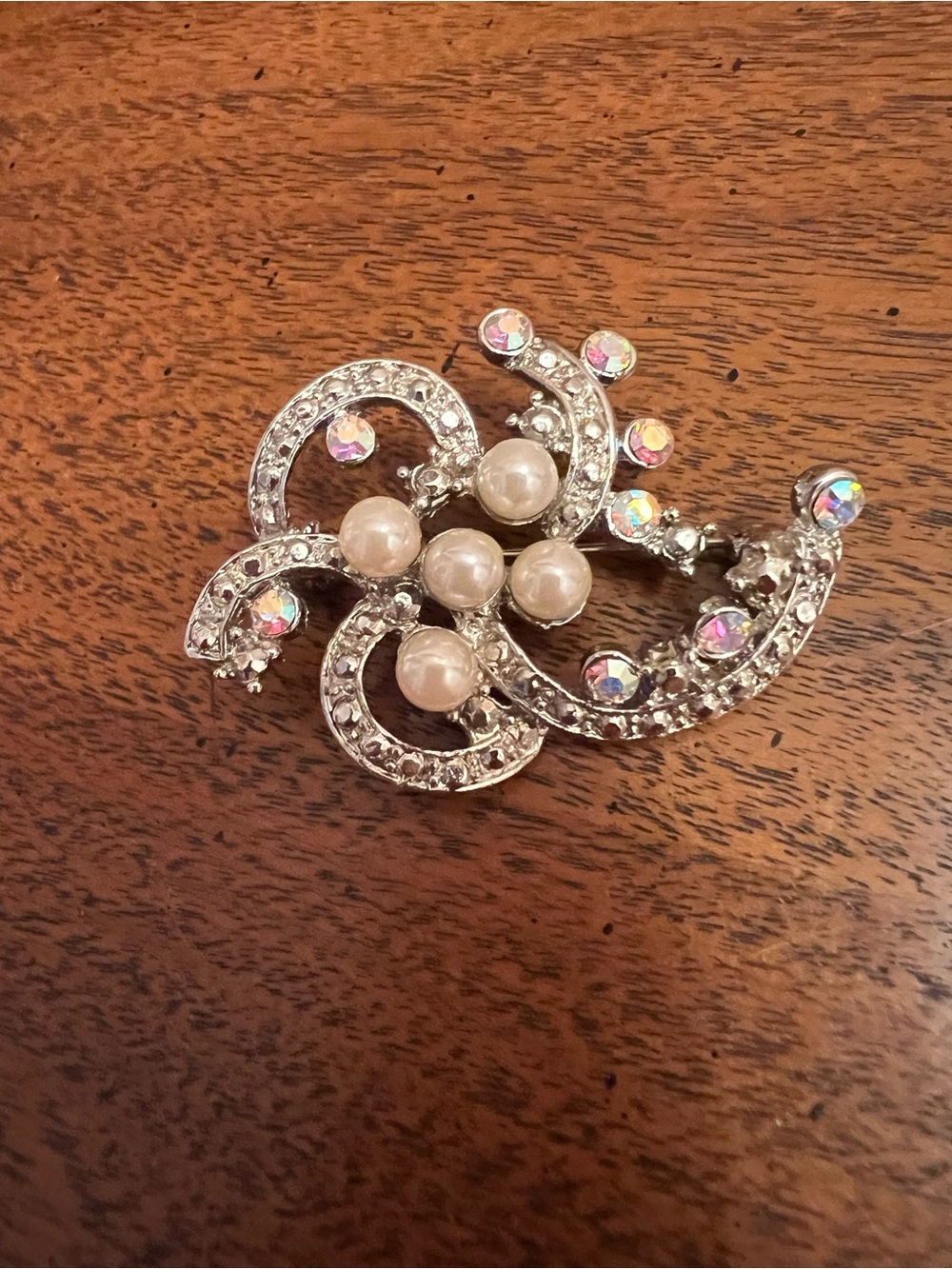 Vintage Silver Pearl & Aurora Borealis Crystal Swirl Brooch
